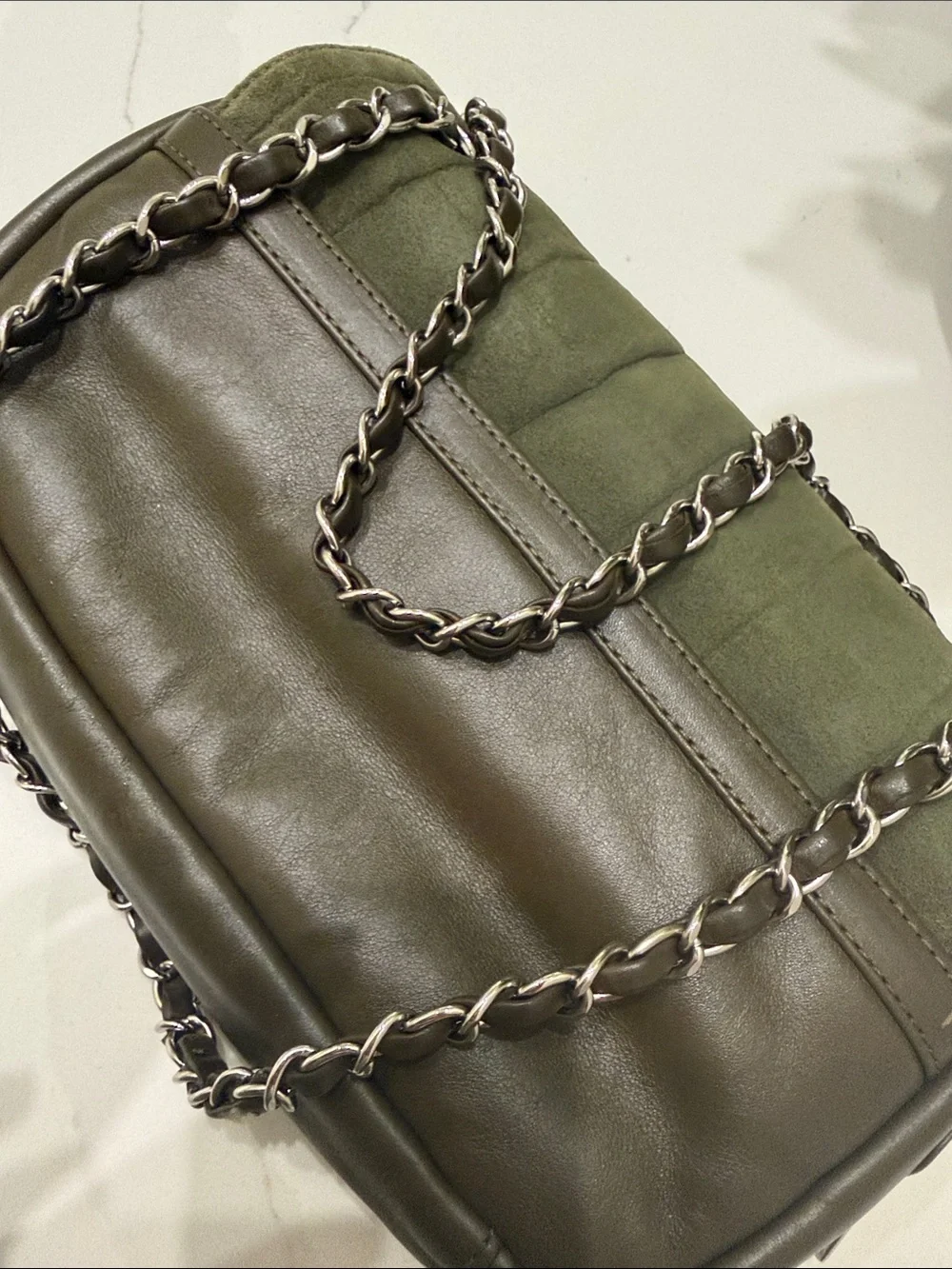 CHANEL Quilted Suede Shoulder Bag in Olive Green with Silver Hardware